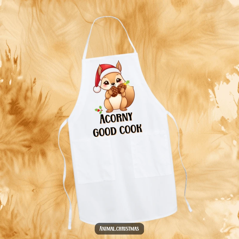 Funny squirrel apron wearing a Santa hat, holding a glowing pinecone, perfect for holiday cooking.