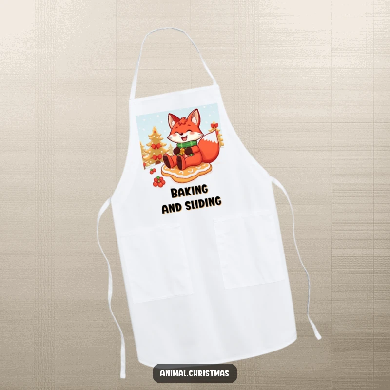 Funny Christmas apron showing a red fox grinning widely while sliding down a snowy hill on a festive gingerbread cookie.
