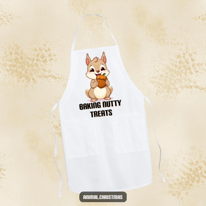 Funny squirrel apron showing a joyful squirrel with a big grin holding a festive acorn, ideal for kitchen activities.