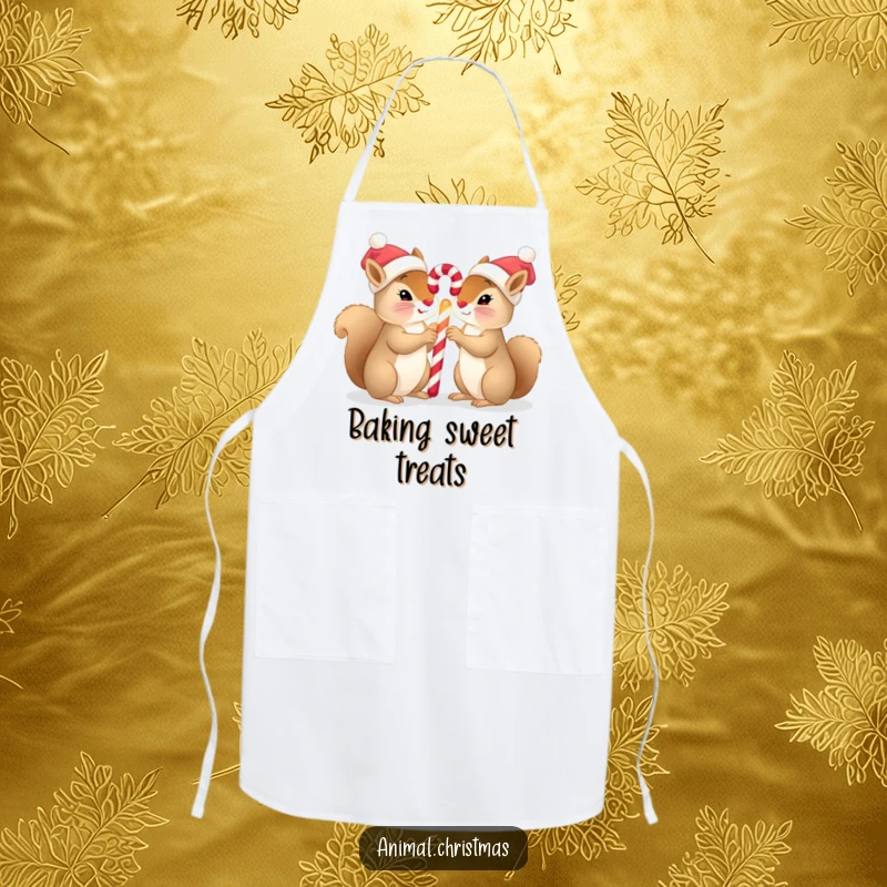 Funny squirrel Christmas apron with two squirrels in tiny hats sharing a glowing candy cane, ideal for festive baking.