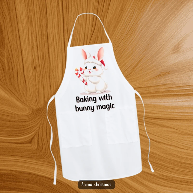 Funny Christmas apron with a fluffy white bunny wearing a Santa hat and holding a glowing candy cane, ideal for festive cooking and baking.