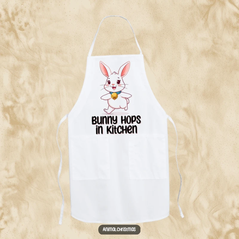 Funny rabbit apron, a cute bunny with a jingle bell collar, hopping merrily, perfect for kitchen fun.