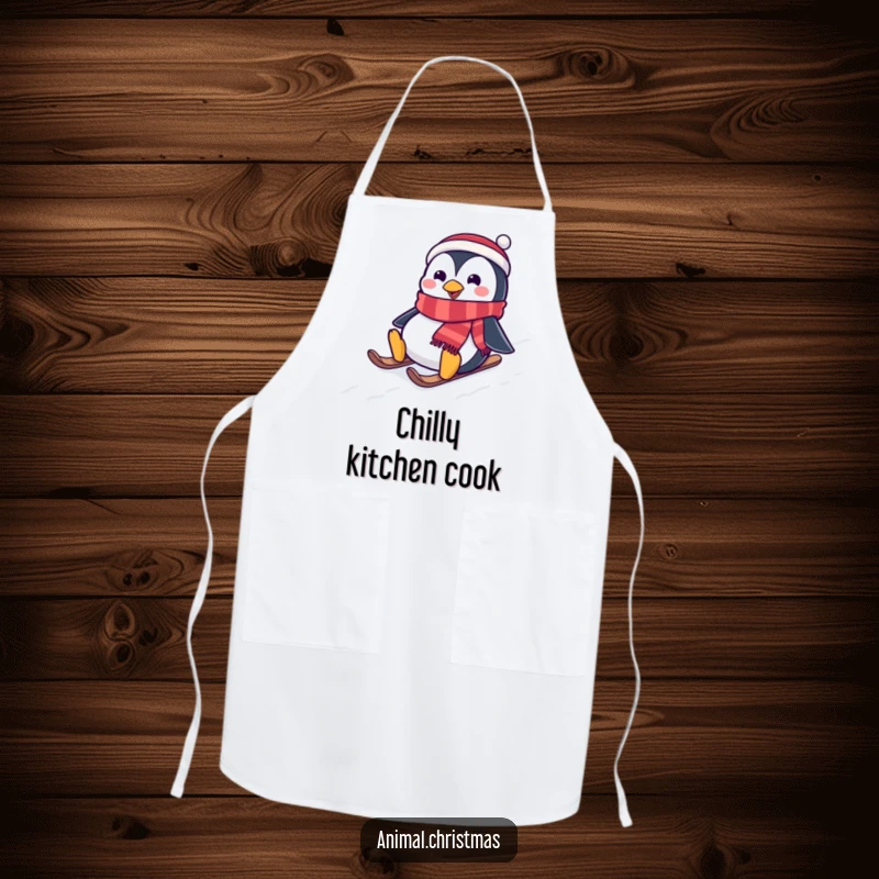 Funny apron depicting a penguin wearing a festive scarf, joyfully sliding down a snowy hill, bringing winter cheer to the kitchen.
