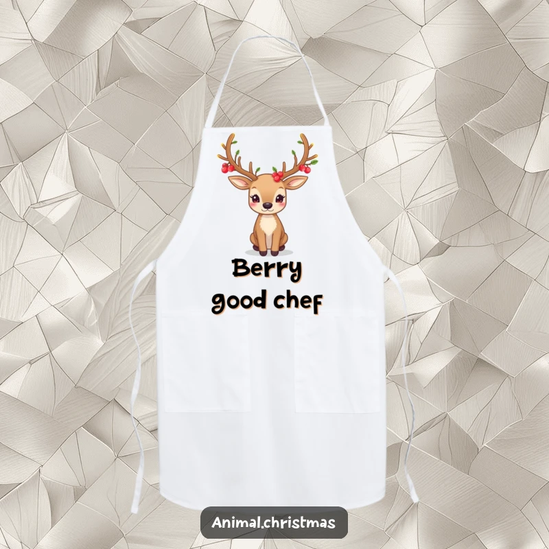 Funny apron with a deer's festive antlers adorned with glowing berries, ideal for adding magical flair to cooking.