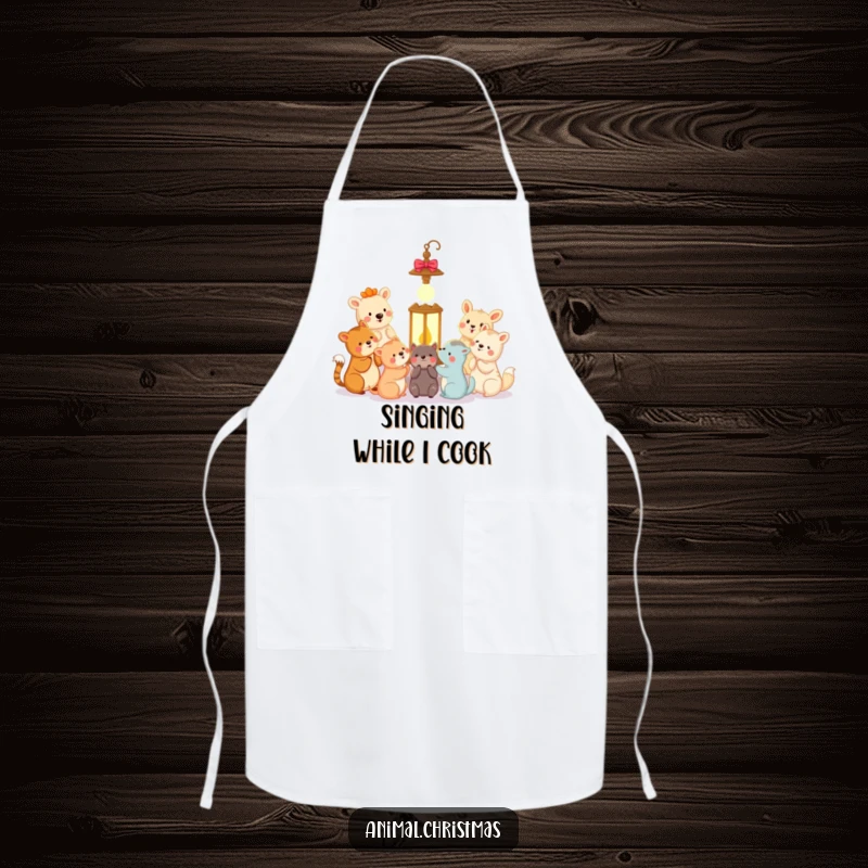 Funny animal carolers apron showing happy animals singing carols around a glowing lantern, ideal for festive kitchen activities.