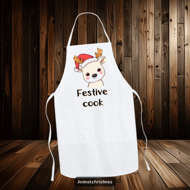 Funny apron depicting an animal wearing festive antlers, curiously peering at a twinkling light, perfect for adding holiday magic to cooking.