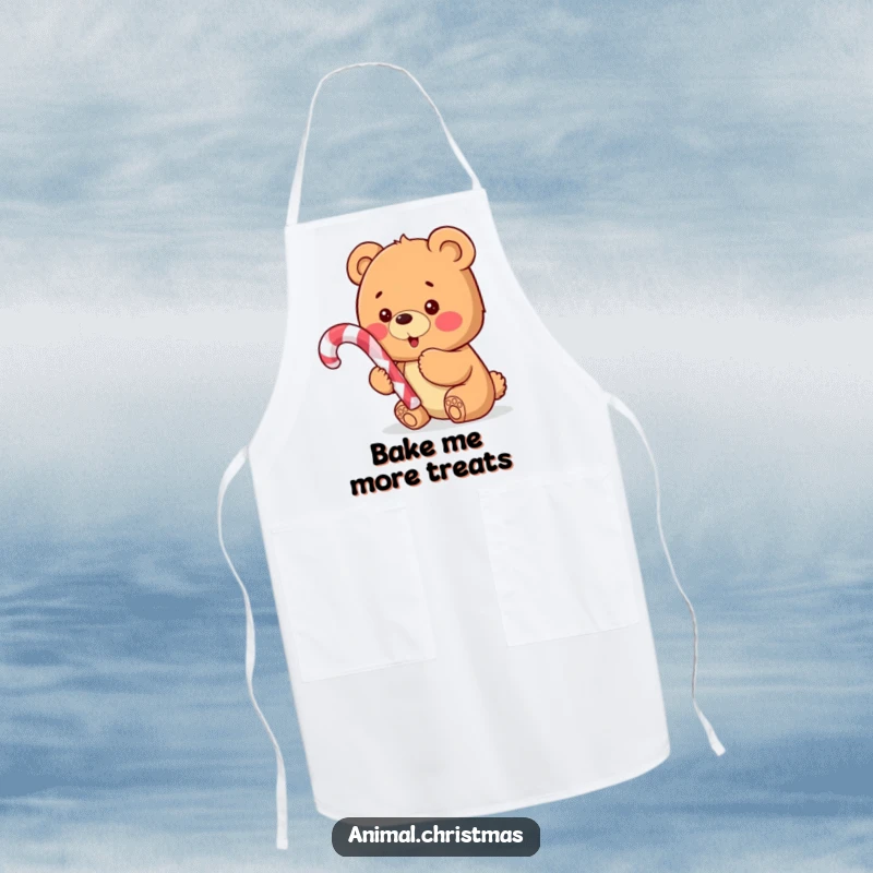 Funny apron showcasing an excited bear cub holding a candy cane, ready to whip up holiday treats with glee.