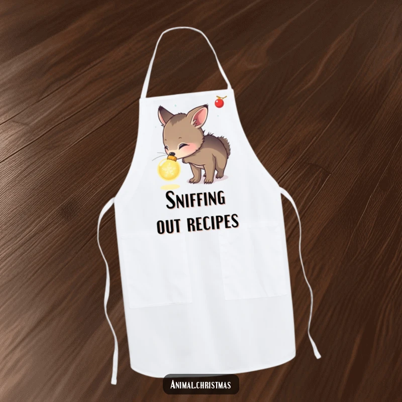 Funny kitchen apron with a cute animal curiously sniffing a glowing Christmas ornament, perfect for festive cooking and exploration.