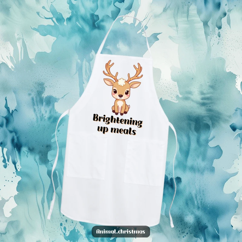 Funny deer apron with antlers adorned with twinkling lights, perfect for festive cooking.