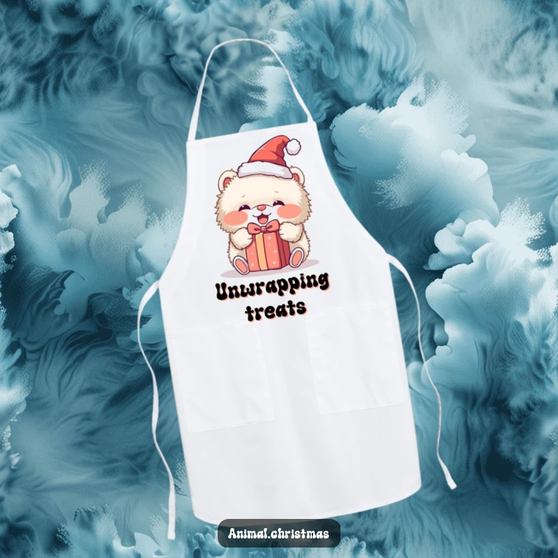 Funny apron featuring a fluffy animal in a Santa hat, excitedly unwrapping a present, perfect for kitchen fun and holiday cooking.