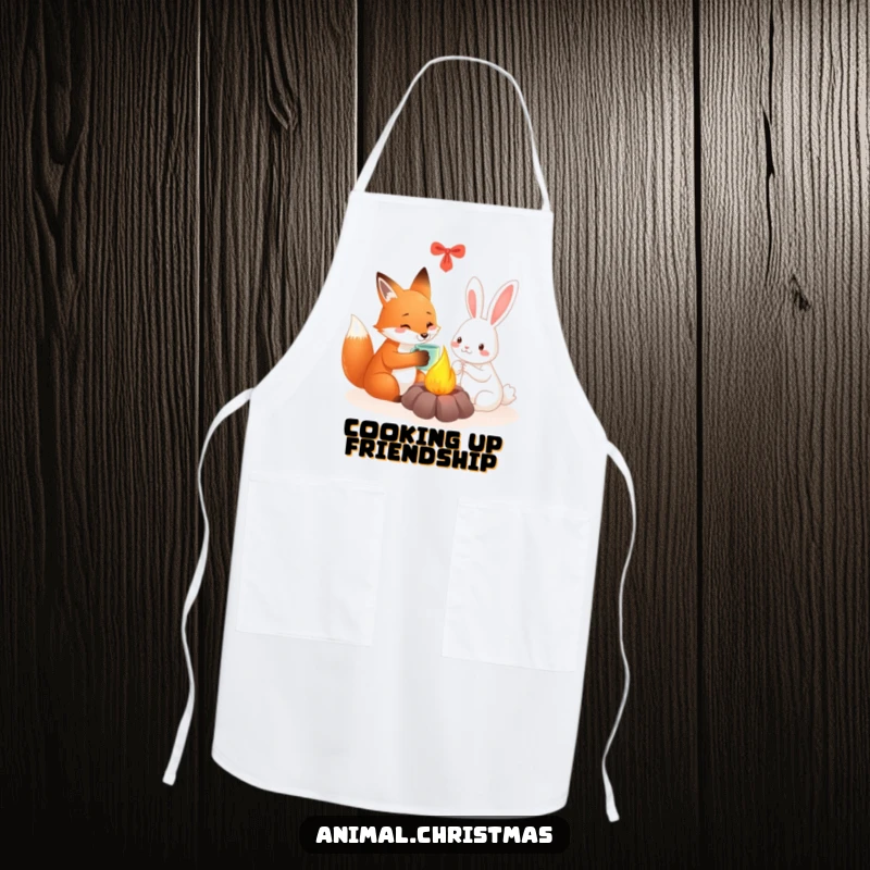 Funny fox and rabbit apron showing friends sharing a warm mug by a festive fire, ideal for cozy kitchen activities.
