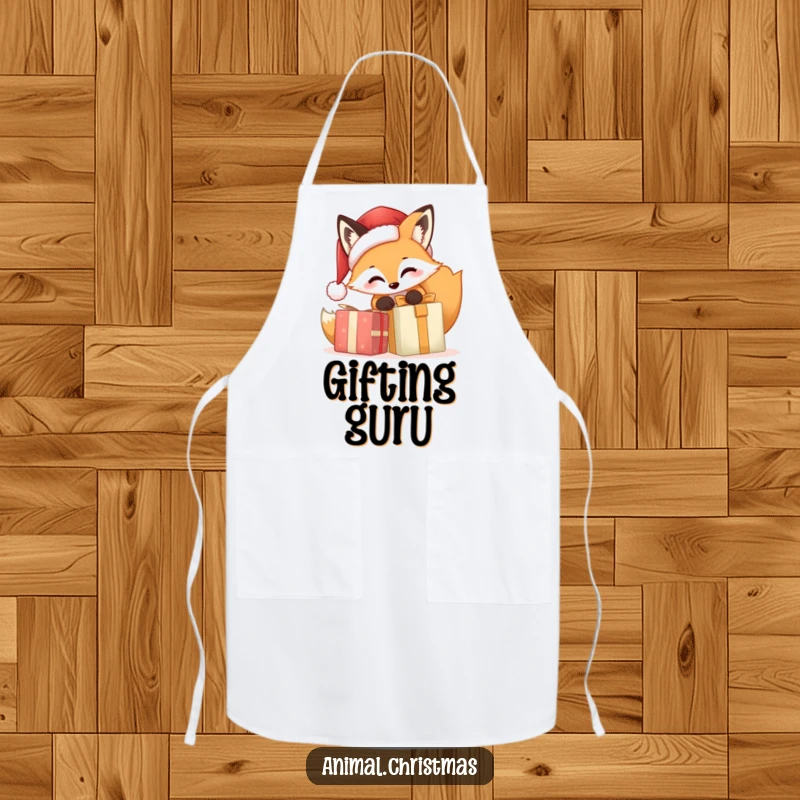 Funny Fox Santa Apron, a cartoon fox in a Santa hat happily opening a Christmas gift, ideal for kitchen use during holiday cooking and baking fun.