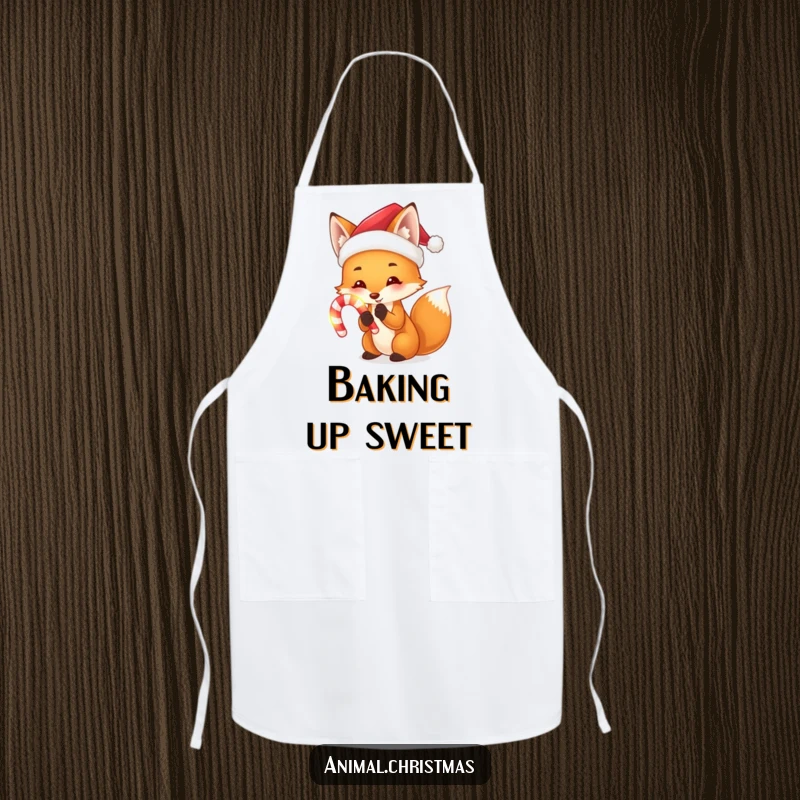 Funny apron depicting a fox in a Santa hat, holding a glowing candy cane, bringing holiday magic to the kitchen.