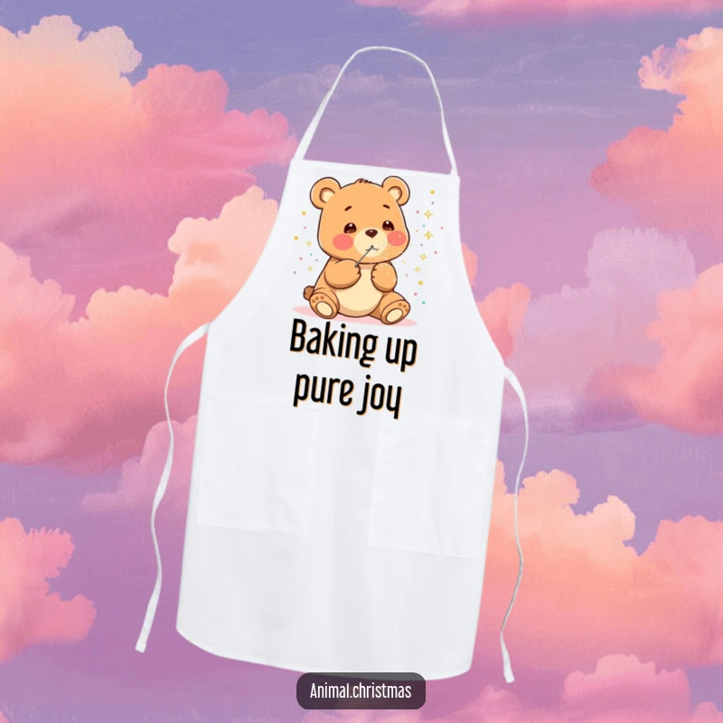 Funny kawaii bear apron, happily blowing sparkly confetti, cute party kitchen wear for cooking and baking.