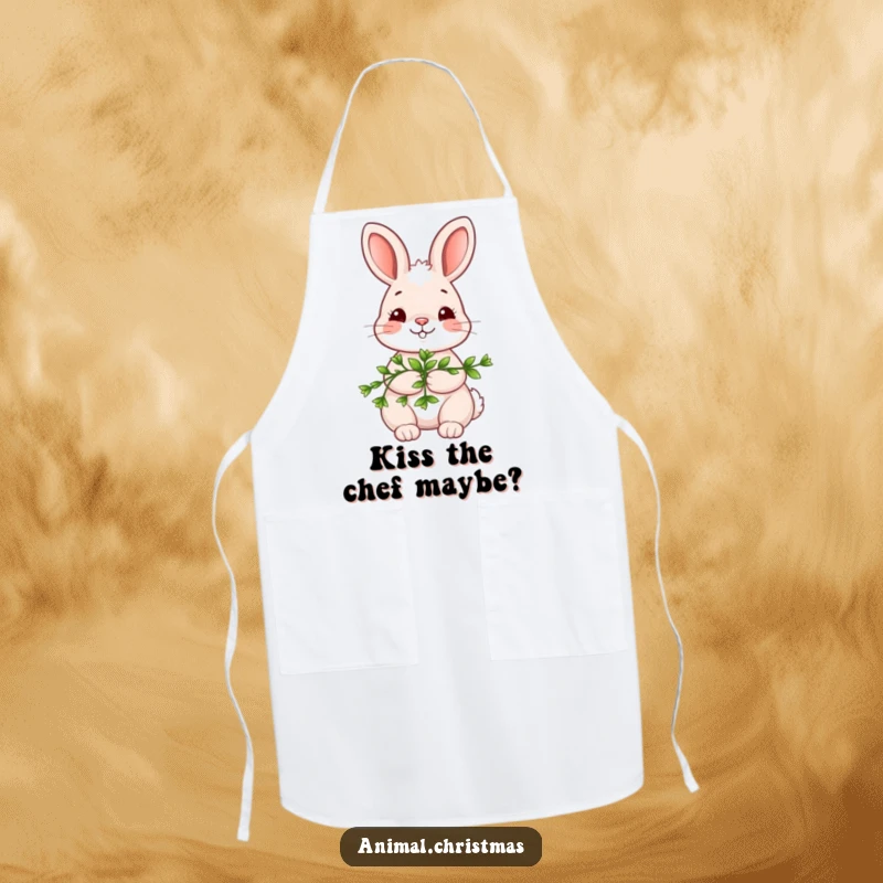Funny kawaii bunny apron, holding mistletoe with a shy smile, cute holiday kitchen wear for baking and cooking.