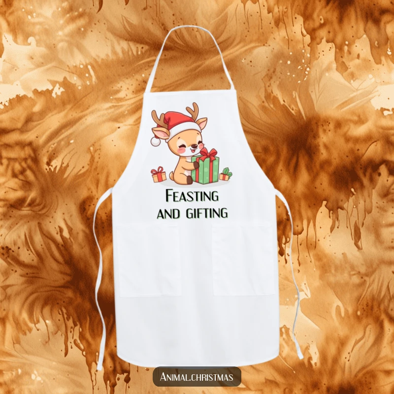 Funny kawaii deer in Santa hat, unwrapping a gift, adorning a cooking apron for festive kitchen humor.