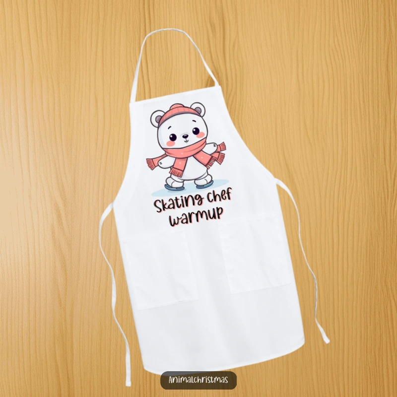 Funny kawaii polar bear ice skating with a scarf on a cooking apron, adding humorous winter flair.