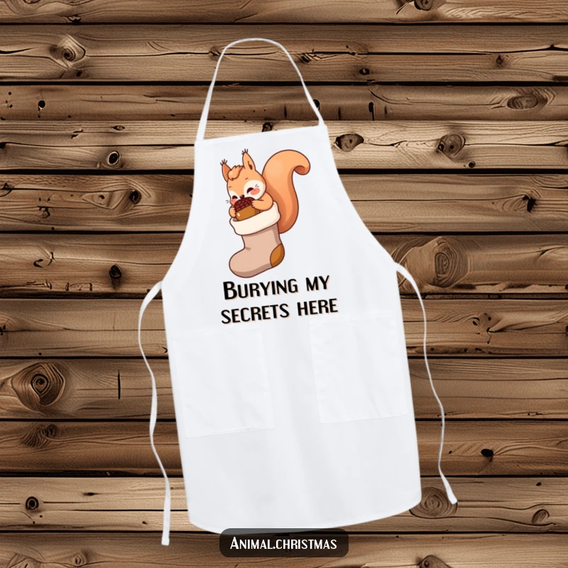 Funny kawaii squirrel apron, stuffing a giant acorn into a stocking, cute holiday kitchen wear for baking and cooking.