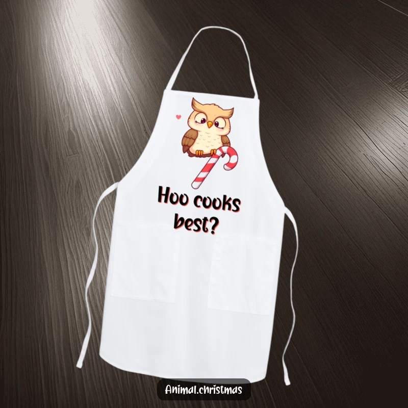 Funny apron showcasing a wise owl perched on a candy cane, hooting merrily, ready for festive cooking.