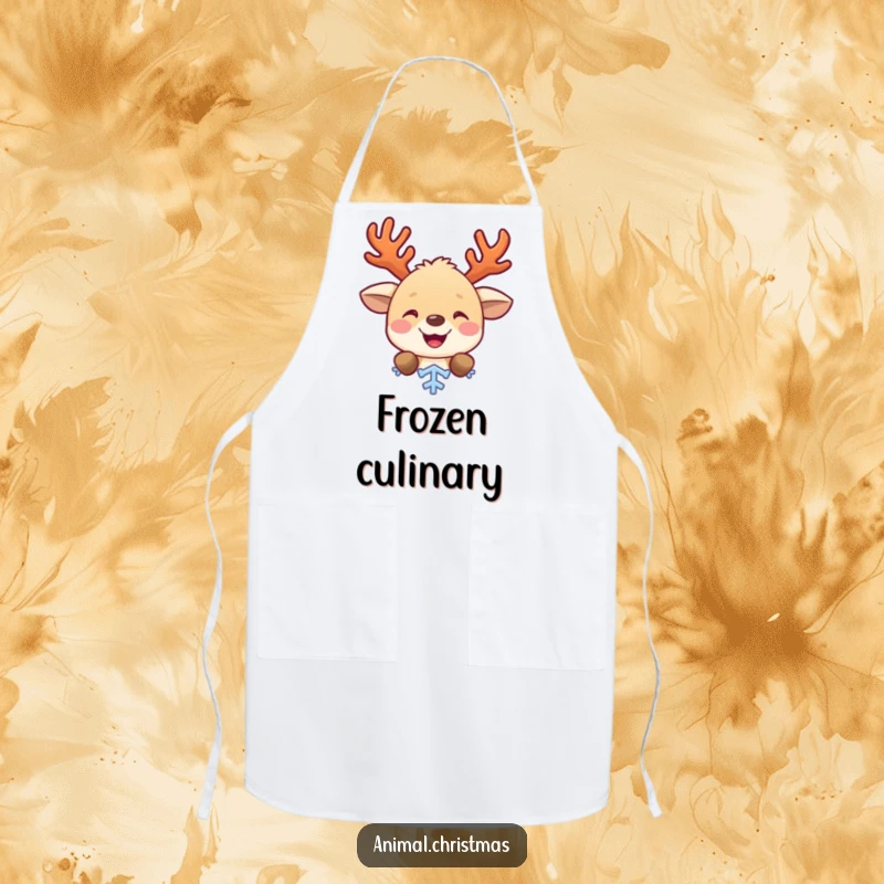 Funny kitchen apron with a cute animal with antlers, gleefully peeking from behind a snowflake, perfect for festive cooking and baking.
