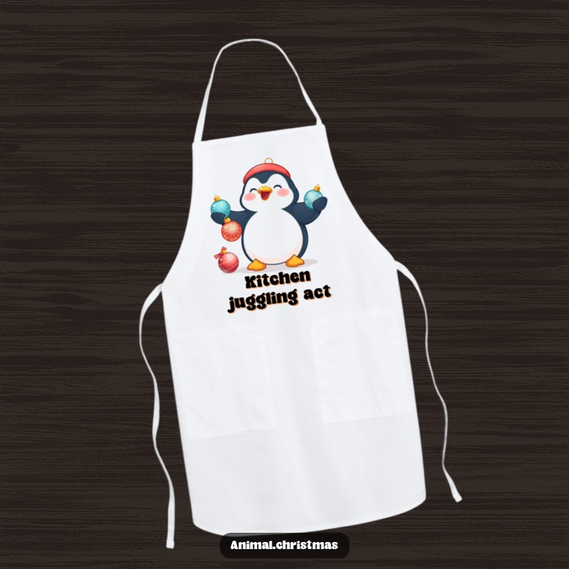 Funny Christmas apron showing a plump penguin beaming while attempting to juggle three shimmering Christmas baubles.