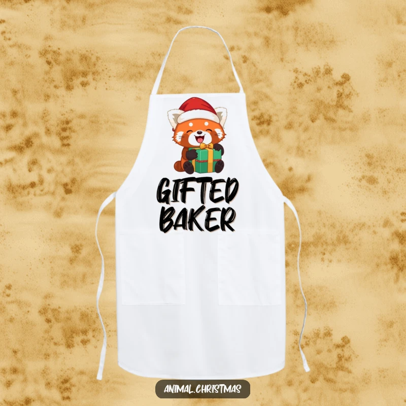 Funny red panda Santa apron with a red panda joyfully unwrapping a gift while wearing a Santa hat, ideal for festive cooking.