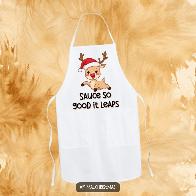 Funny apron featuring a reindeer wearing a Santa hat, leaping with mirth, ideal for humorous holiday cooking and baking.