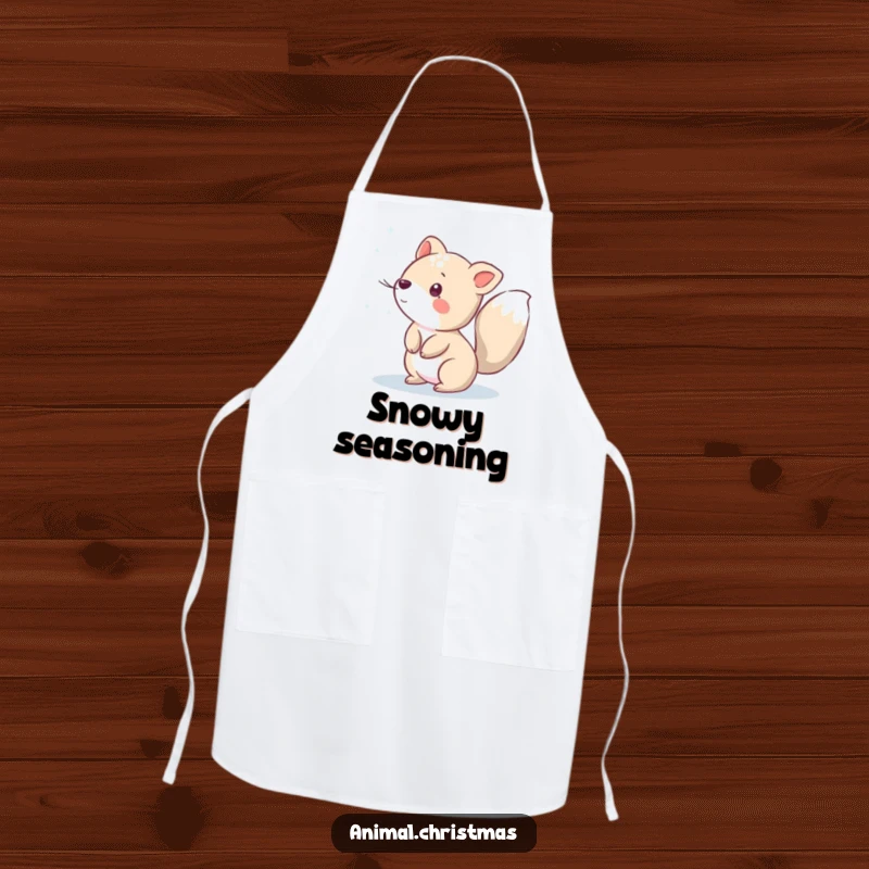 Funny apron depicting an animal playfully sprinkling sparkling snow with its tail, perfect for adding winter magic to cooking.