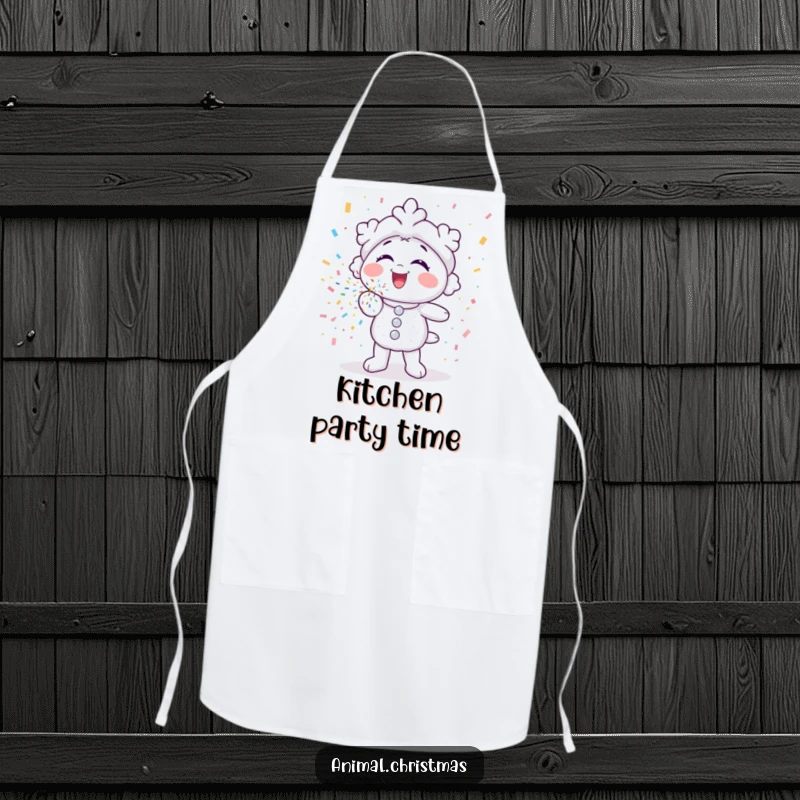 Funny apron showcasing a snowflake character gleefully blowing colorful confetti, ideal for festive kitchen activities.