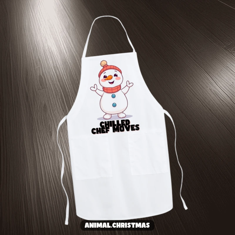 Funny Snowman Jig Apron: A snowman with a carrot nose doing a little jig, ideal for holiday cooking.