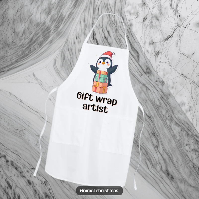 Funny kawaii penguin balancing wrapped gifts on a cooking apron, adding humorous flair to the kitchen.
