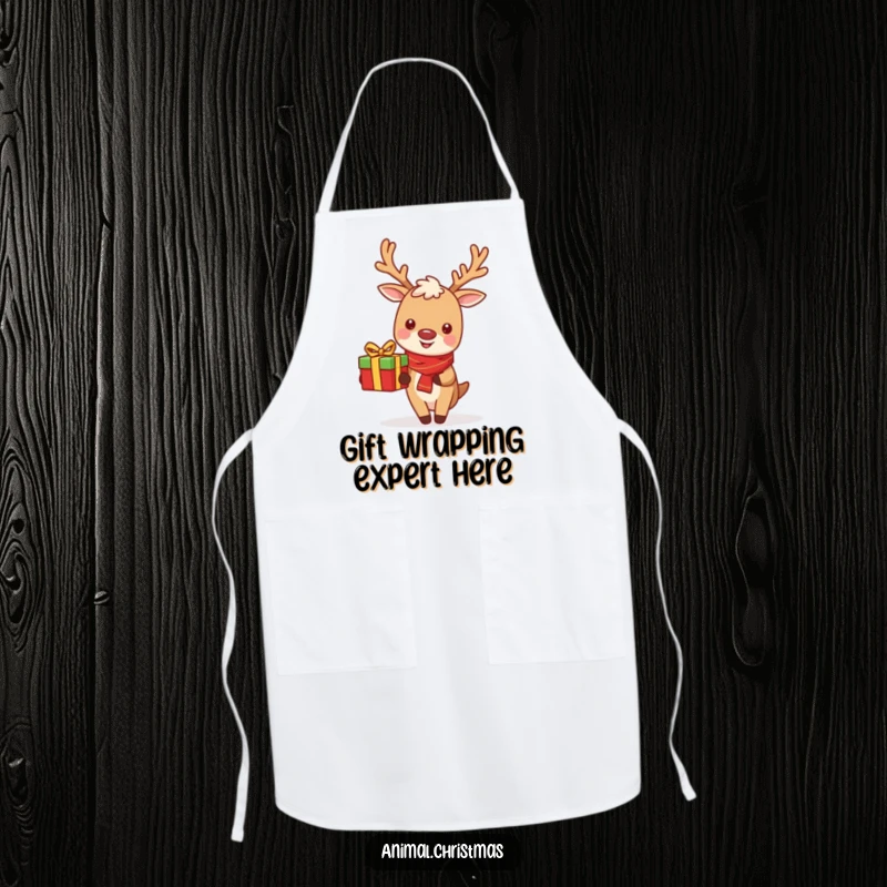 Funny Reindeer Apron: A cheerful reindeer delivering a gift, ideal for holiday cooking and kitchen fun.