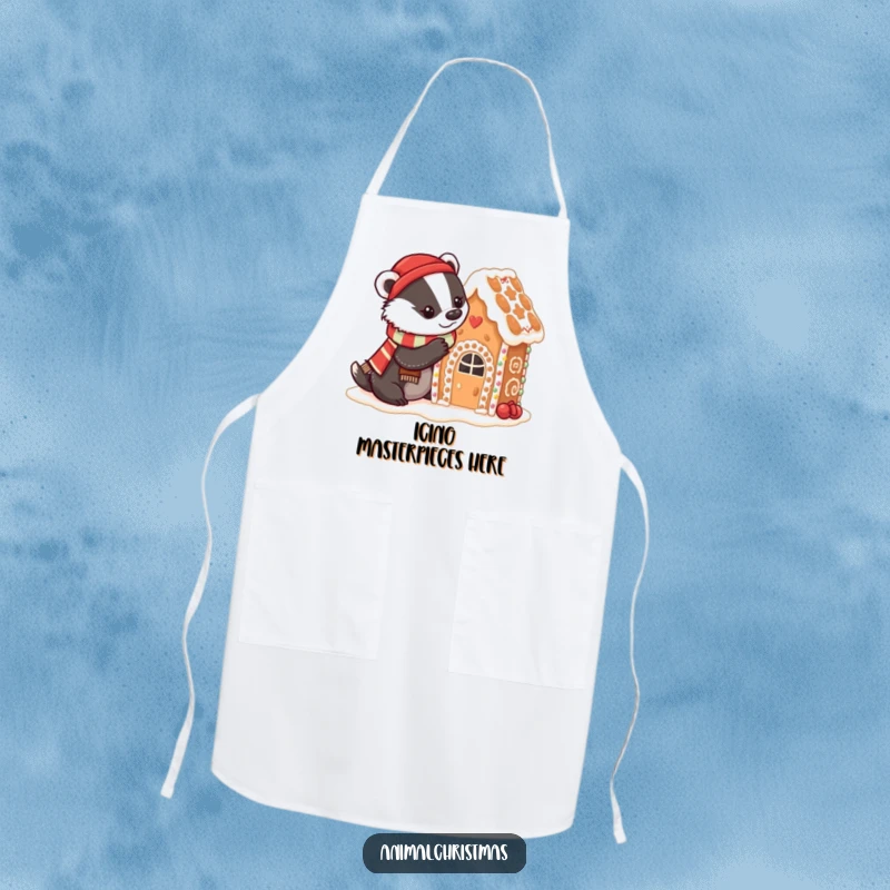 Funny badger baking apron with a badger in a festive scarf decorating a gingerbread house with icing, perfect for bakers.