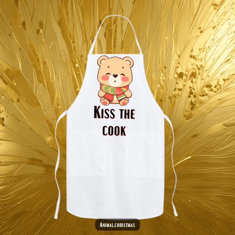 Funny Bear Kiss Apron, a cartoon bear in a festive scarf blowing a kiss, perfect for kitchen use during cooking and baking with a sweet, humorous touch.