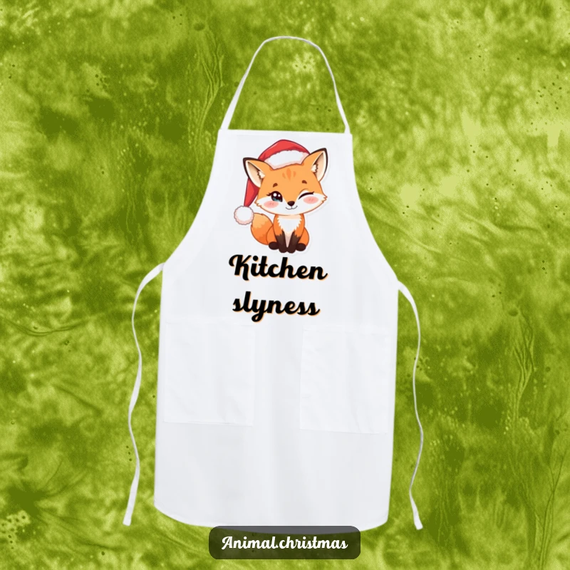 Funny apron with a sly fox wearing a Santa hat, planning some mischievous holiday baking.