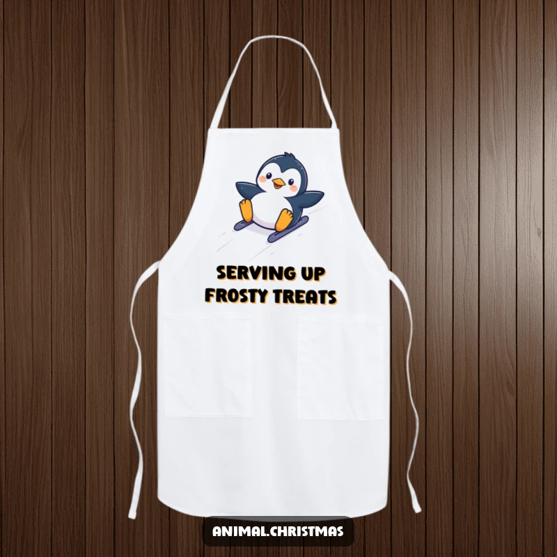 Funny kawaii penguin sliding down a snowy hill with glee, a practical and funny apron for cooking.