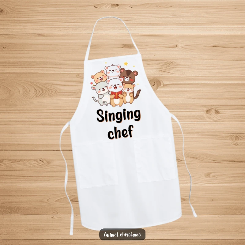Funny apron depicting a group of animals joyfully caroling, perfect for adding musical fun and humor to kitchen activities.
