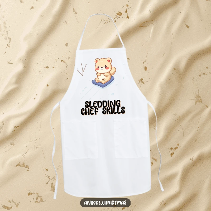 Funny Apron: An amusing animal speeds down a snowy hill, bringing a sense of playful energy to your kitchen adventures.
