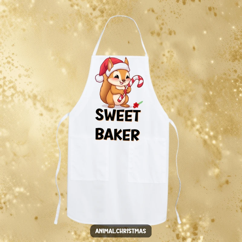 Funny Squirrel Candy Cane Apron, a cartoon squirrel in a Santa hat holds a candy cane, perfect for kitchen use during holiday cooking and baking fun.