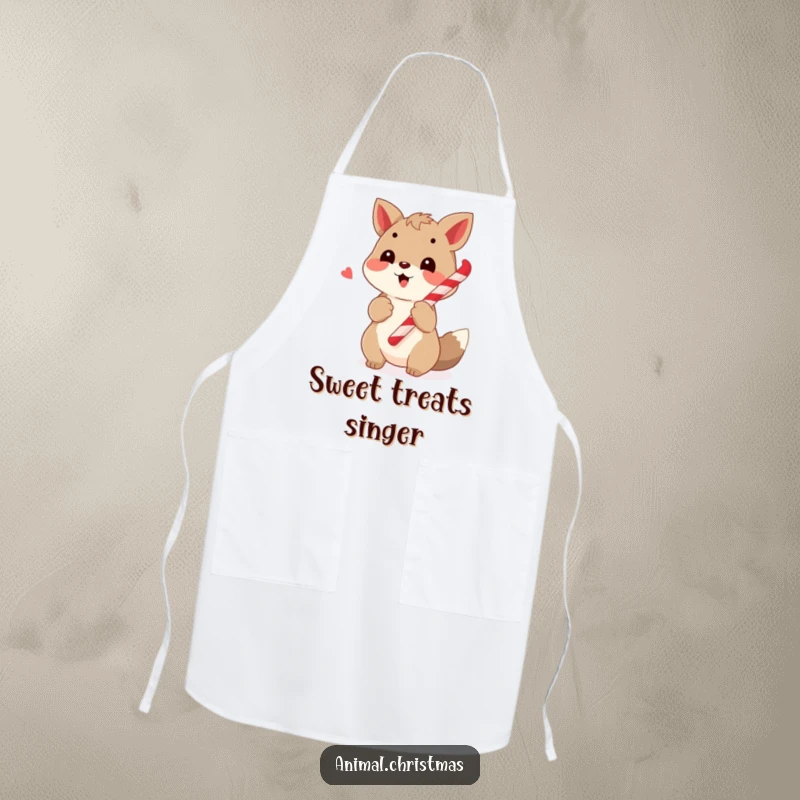 Funny kitchen apron with a cheerful animal caroling with a candy cane, perfect for adding musical merriment to cooking.