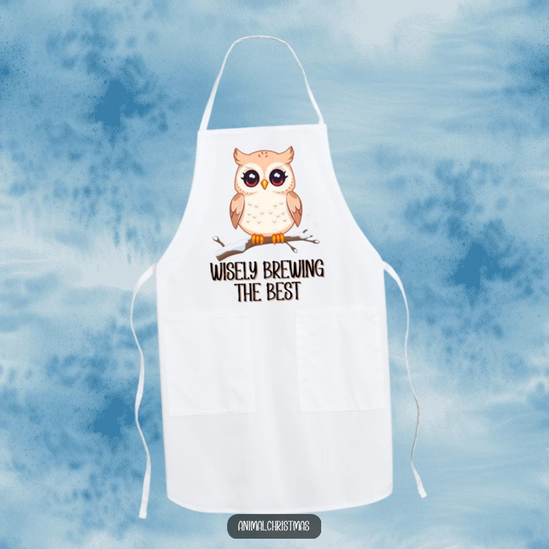 Funny kawaii owl apron, twinkling eyes, perched on a snowy branch, cute kitchen wear for cooking and baking.