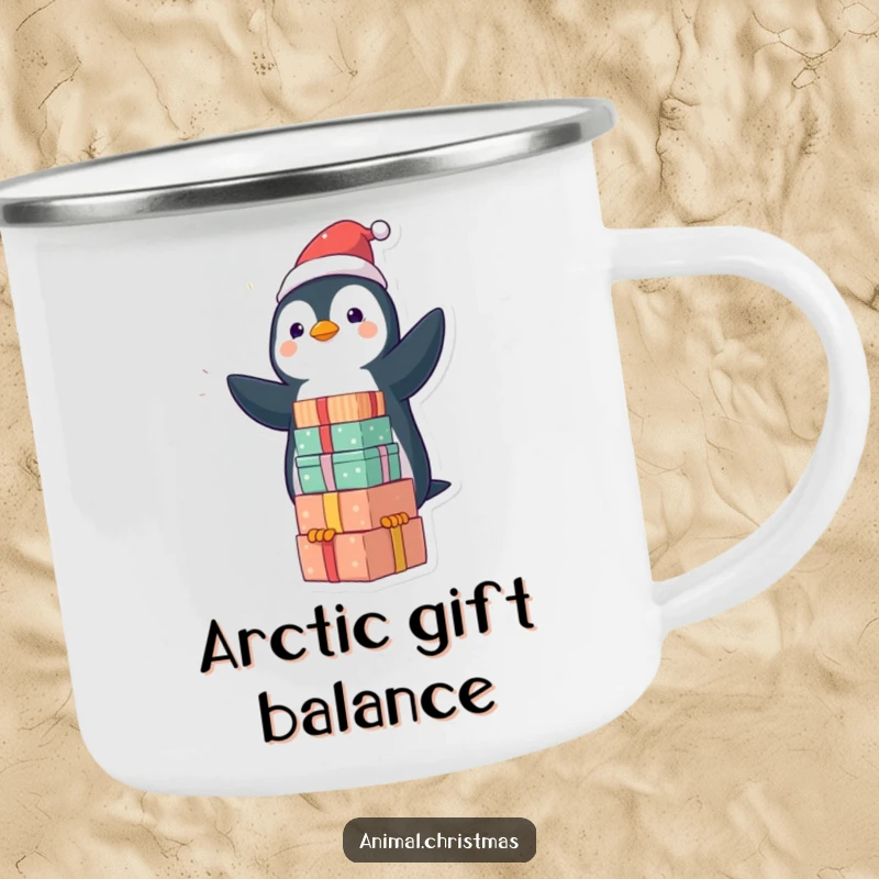 Funny kawaii penguin balancing wrapped gifts on a rugged camping mug, perfect for humorous outdoor enjoyment.