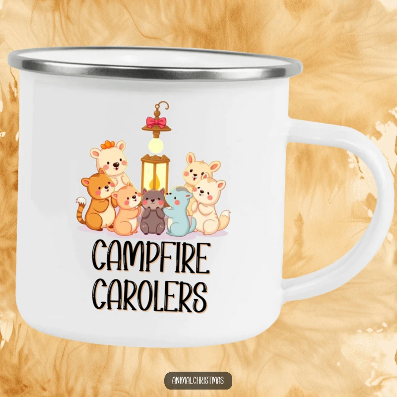 Funny animal carolers camping mug with happy animals singing carols around a glowing lantern, ideal for outdoor use.