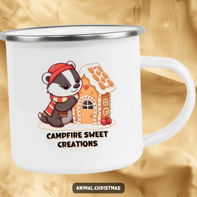 Funny badger baking camping mug with a badger in a festive scarf decorating a gingerbread house with icing, built for outdoor baking fun.
