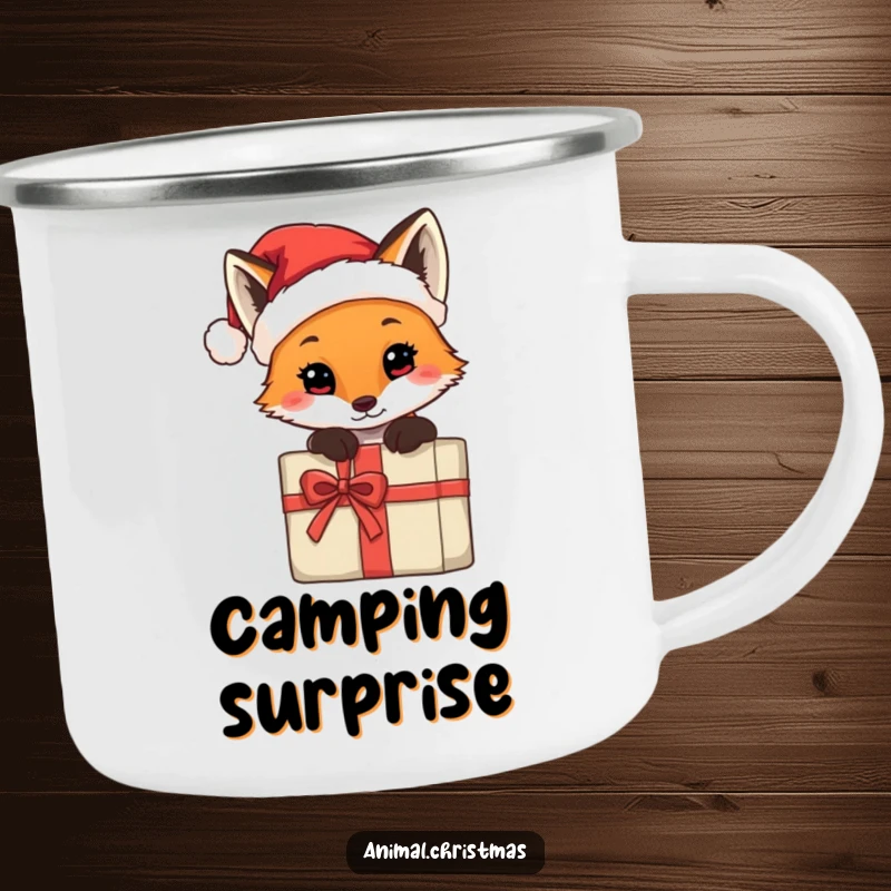 Funny camping mug with a fox in a tiny Santa hat, peeking from behind a gift, perfect for outdoor holiday cheer.