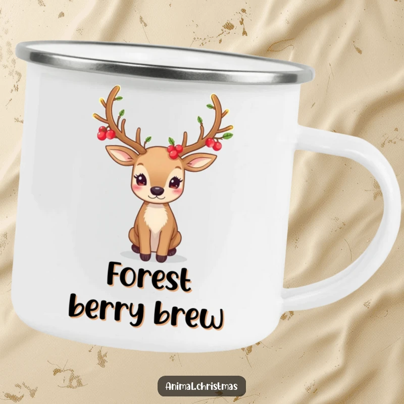 Funny camping mug with a deer's festive antlers decorated with glowing berries, perfect for outdoor enthusiasts and nature lovers.