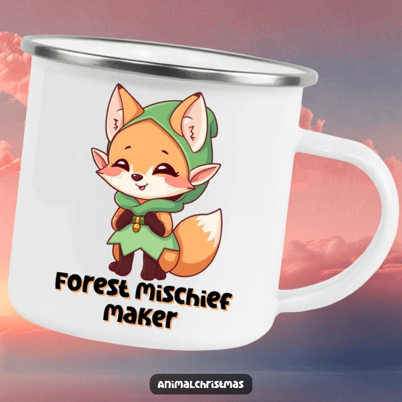 Funny elf fox camping mug, a mischievous character giggling, dressed as an elf, durable for outdoors.