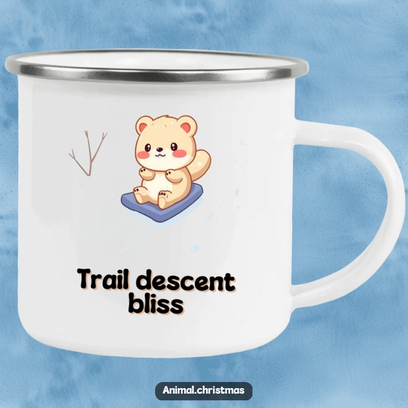 Funny Camping Mug: A spirited animal slides down a snowy hill, ideal for adding humor to your outdoor beverage experiences.