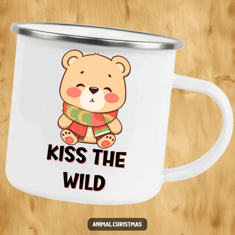 Funny Bear Kiss Camping Mug, a charming cartoon bear in a festive scarf blowing a kiss, ready for outdoor adventures and cozy moments with sweet humor.
