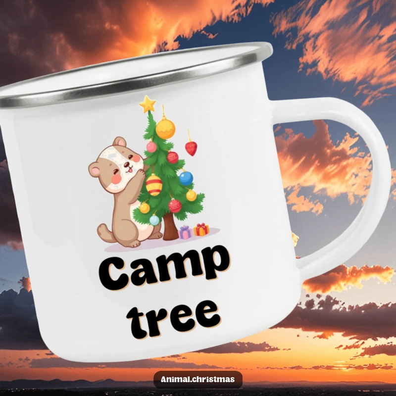 Funny camping mug featuring a joyful animal decorating a tiny Christmas tree, ideal for outdoor crafting enthusiasts.